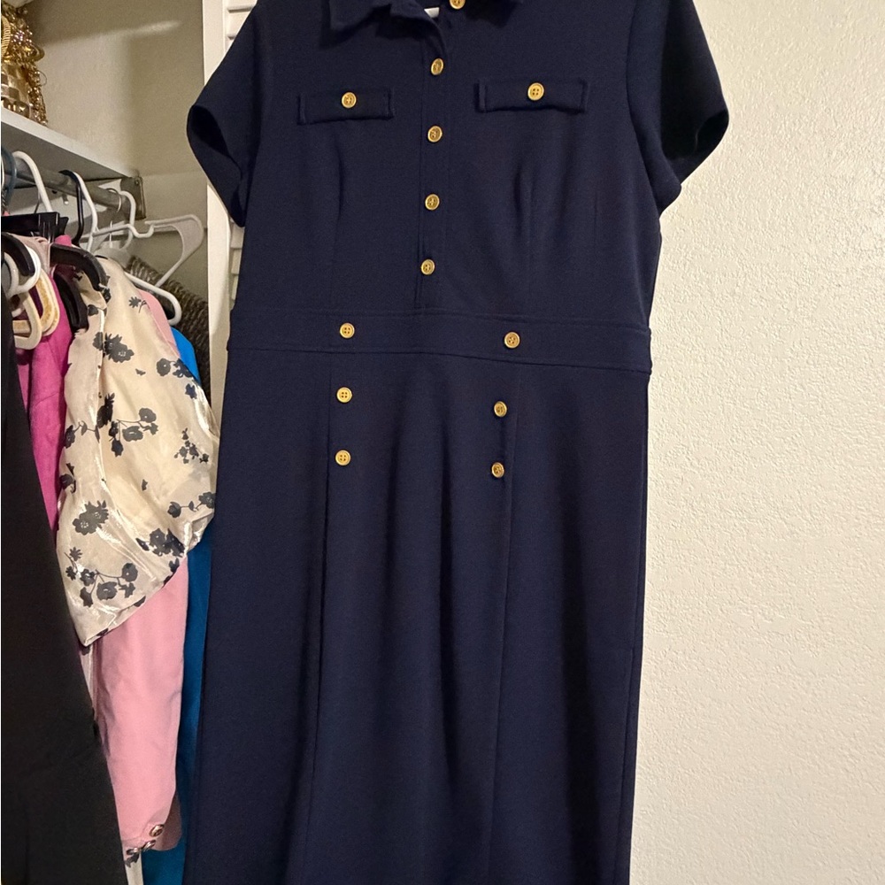 Elegant Navy Blue Dress with Gold Accents